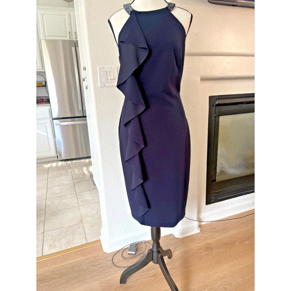 Lauren Ralph Lauren Navy Blue Beaded Halter Ruffle Sheath Dress Size 6